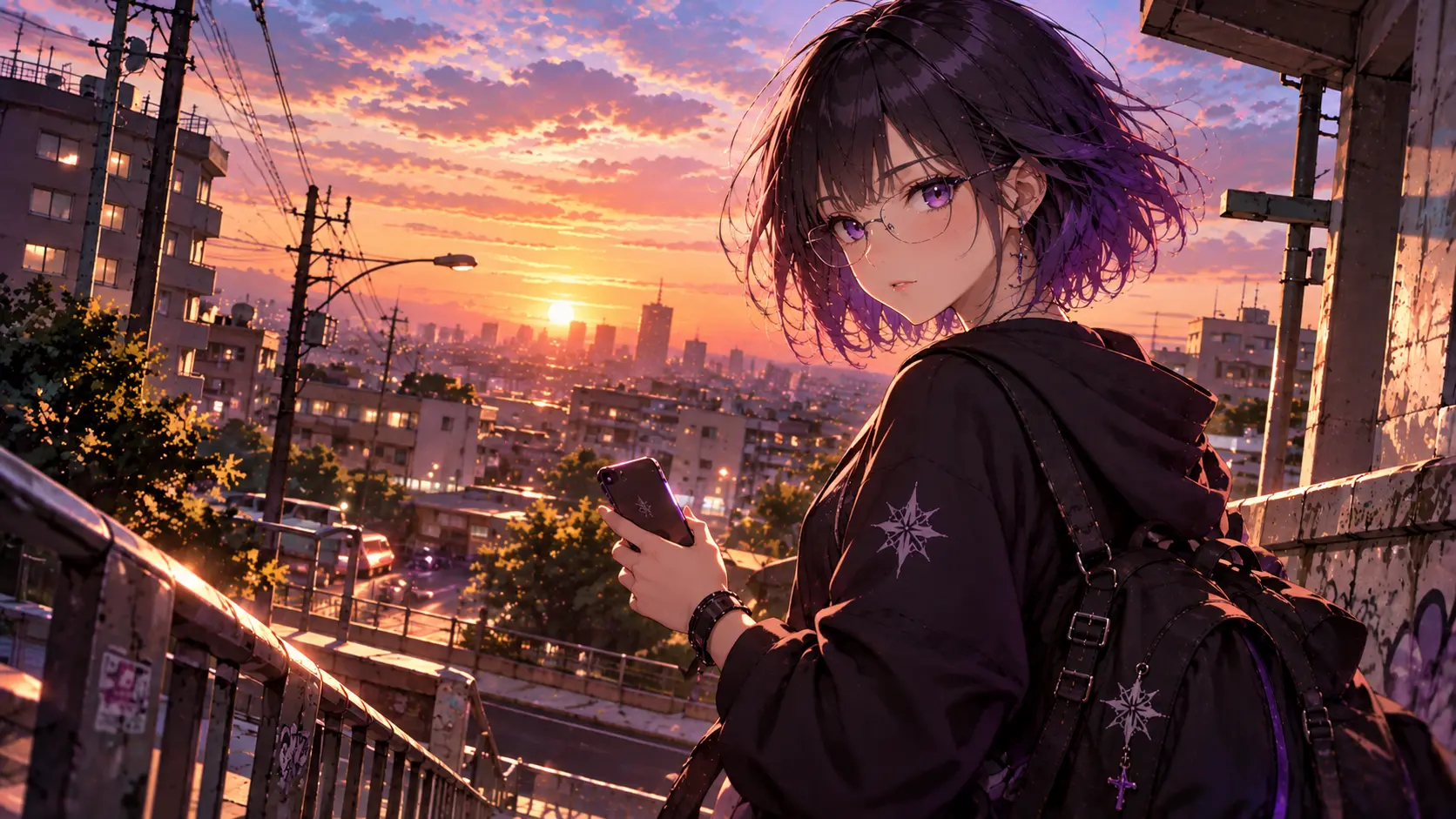 Lyria, wearing glasses and a hooded jacket, looking back over her shoulder on an overpass above a city at sunset.