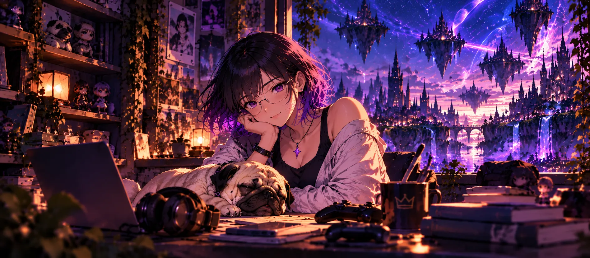 LYRIA resting her head on her hand beside Zack, a sleeping pug, at a desk overlooking a violet fantasy sky.