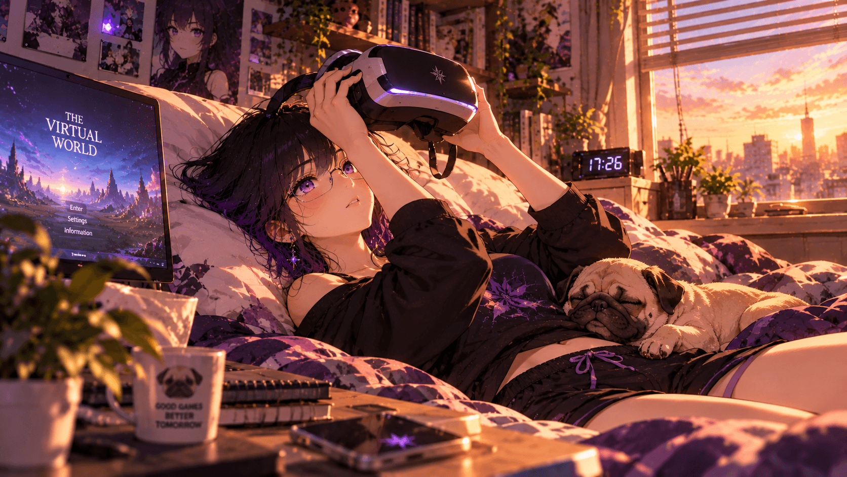 LYRIA lifts the Full Dive device in her room at sunset, with Zack asleep beside her.