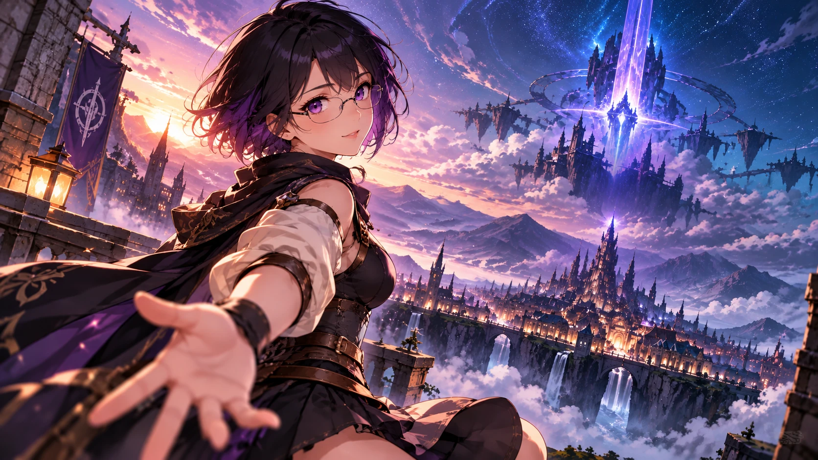 LYRIA in the published Welcome World artwork against the sky and floating city of The Virtual World.