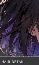 Detail of LYRIA's black hair with violet highlights.