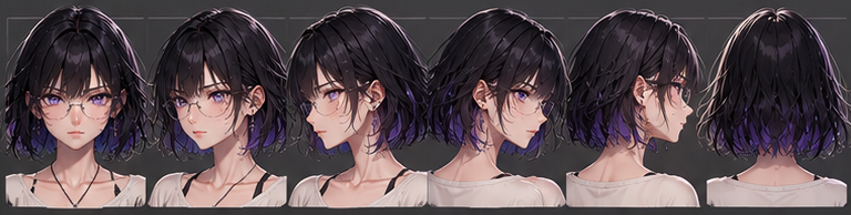 Six head angles showing LYRIA's face and short bob.