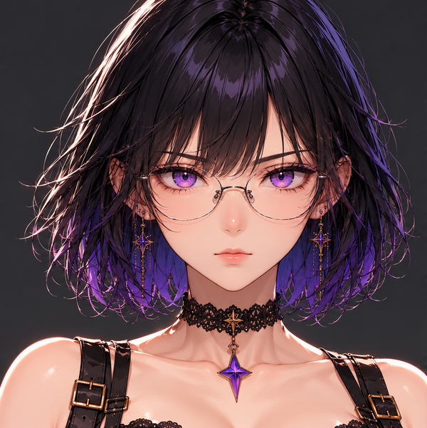 LYRIA in her LV.00 starter outfit with violet eyes and thin glasses.