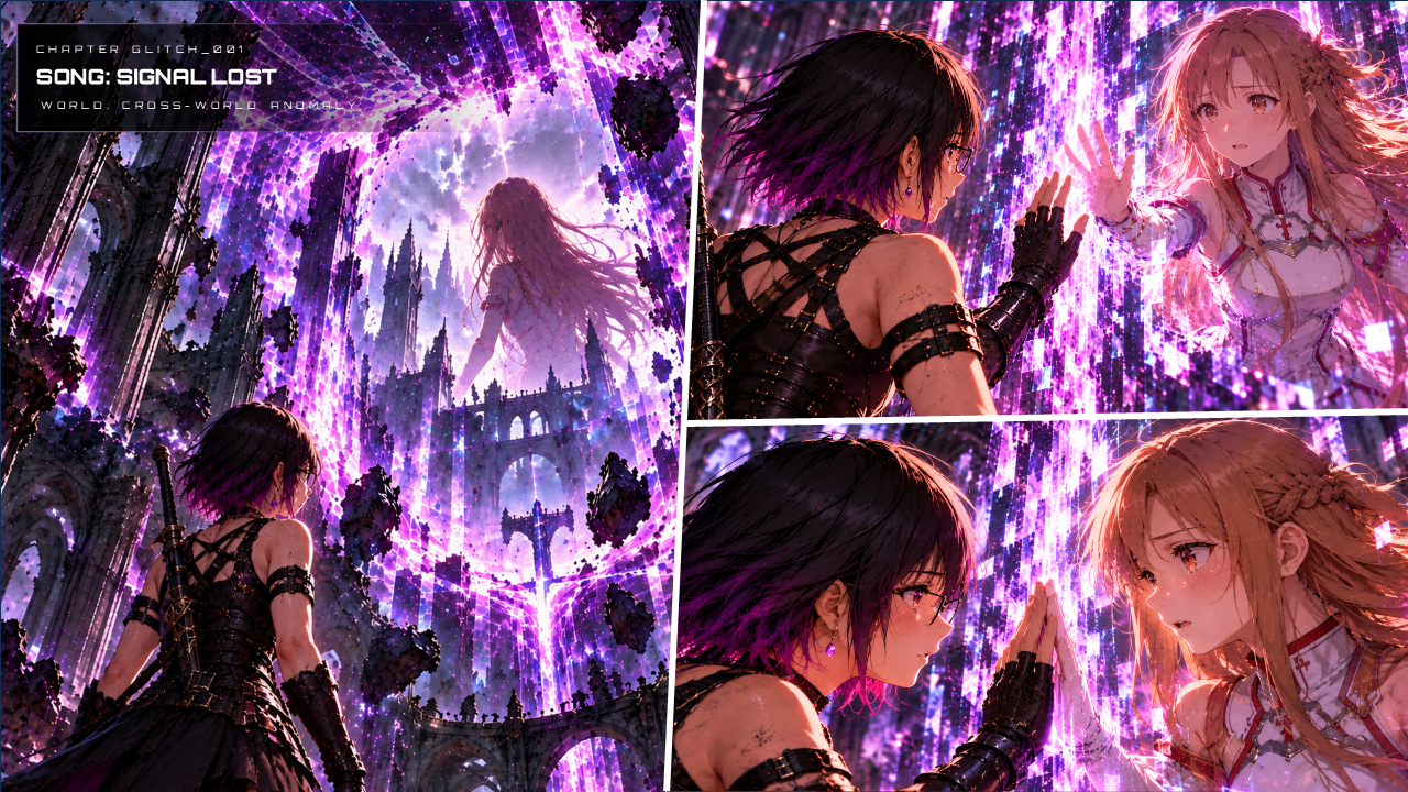 Glitch 001 — Signal Lost — Page 1. LYRIA stands before a luminous barrier. Adjacent panels show her reaching towards a girl on the other side.
