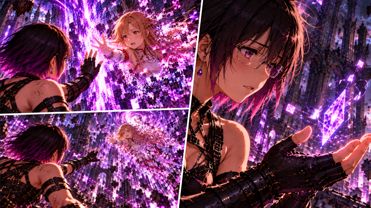 Glitch 001 — Signal Lost — Page 2. Panels show the girl fading within the light and LYRIA looking at luminous fragments above her hand.