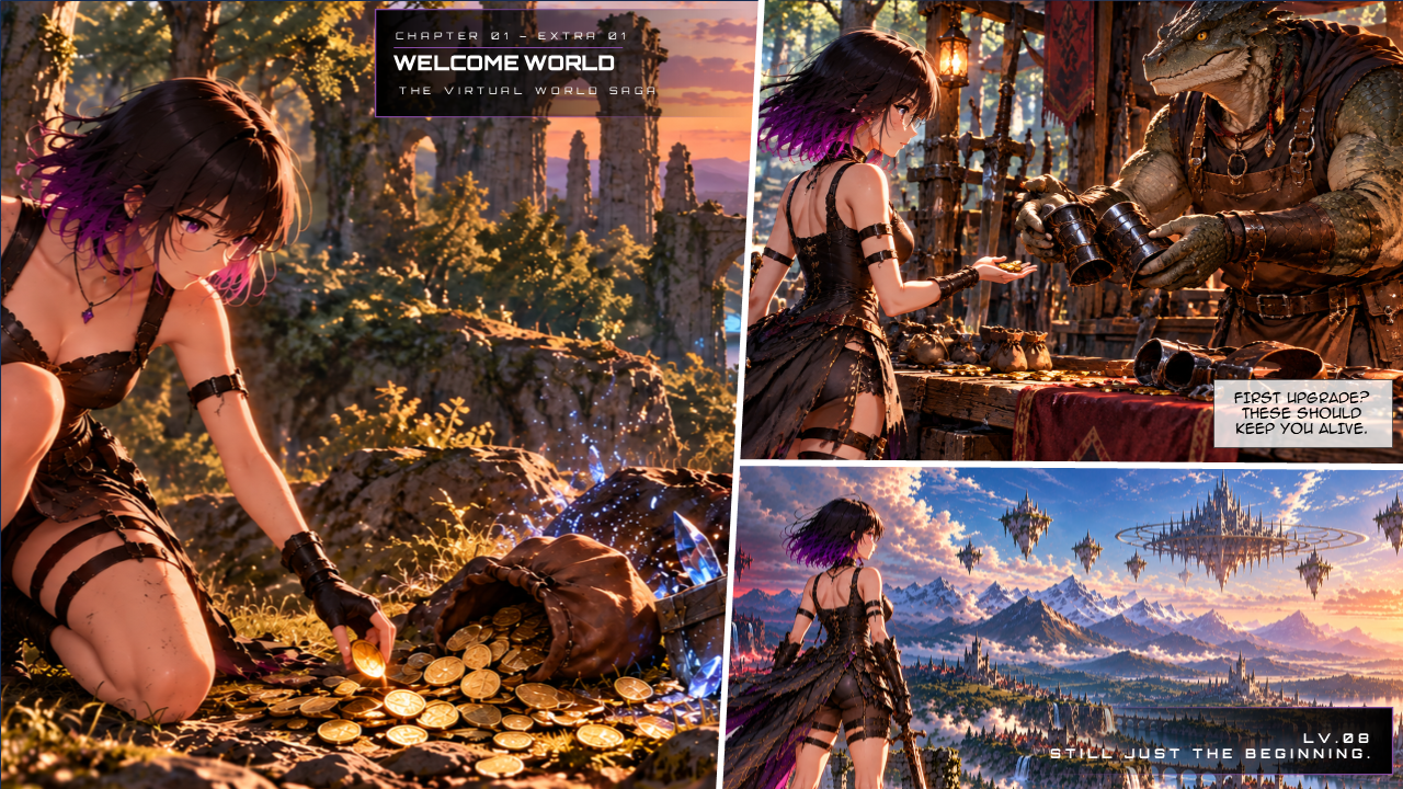 First Upgrade — Page 1. LYRIA collects coins, buys protective bracers from a reptilian merchant, and looks towards the horizon.