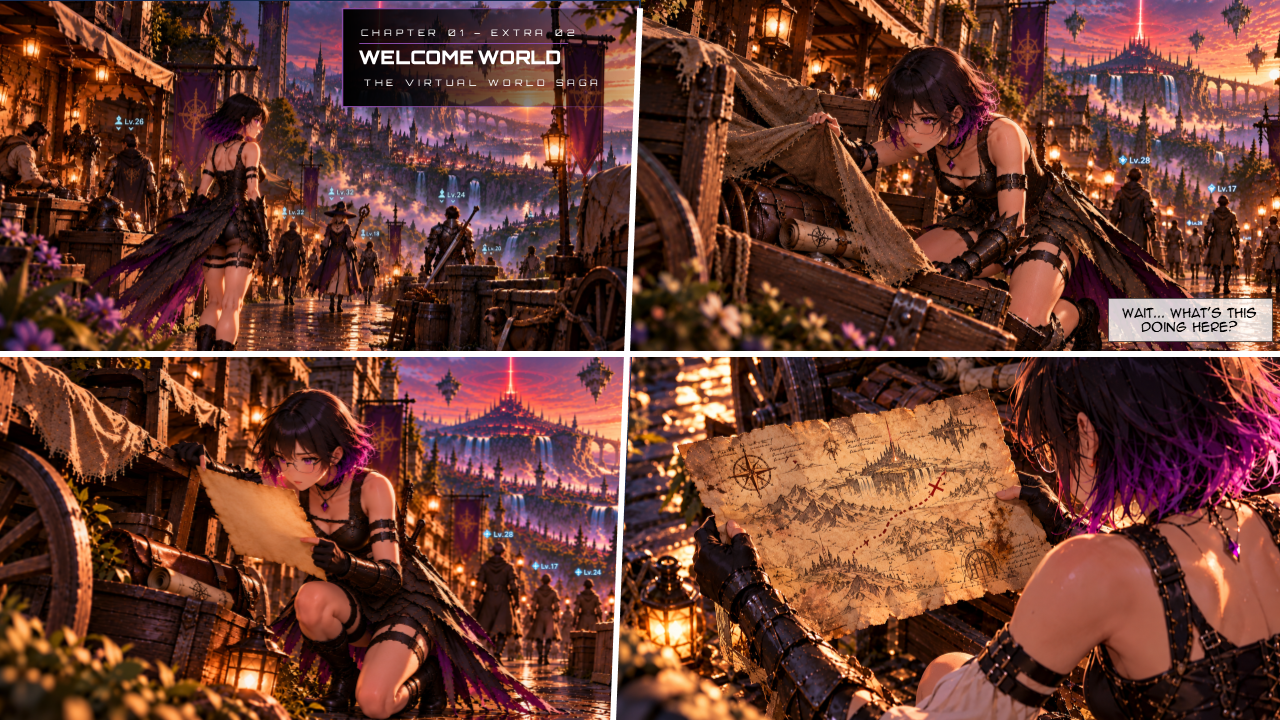 The Lost Map — Page 1. LYRIA explores the market and retrieves an old map marked with a red X from beneath a cart cover.