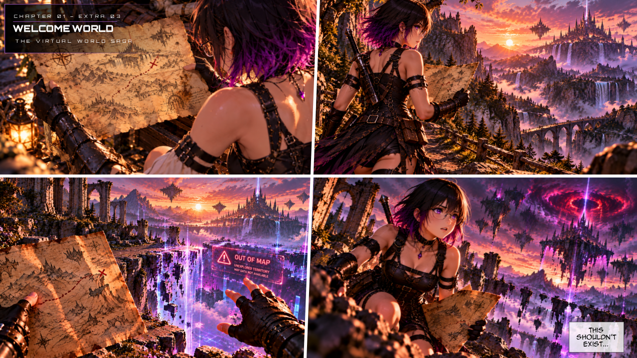 Beyond the Map — Page 1. LYRIA compares the map with a vast landscape; an OUT OF MAP warning appears among the panels.