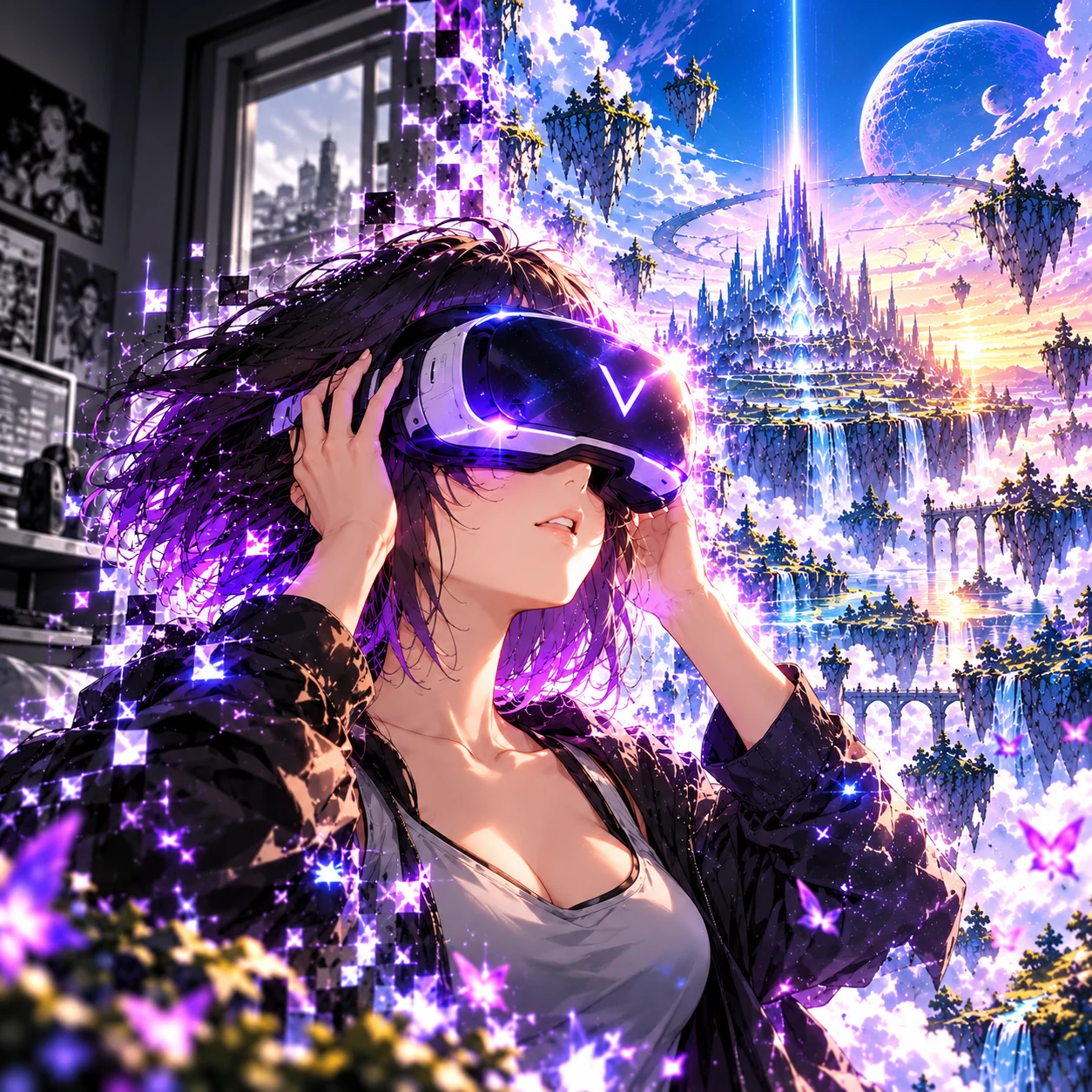 Lyria adjusting a VR headset as the floating citadel and skies of the Virtual World appear around her.