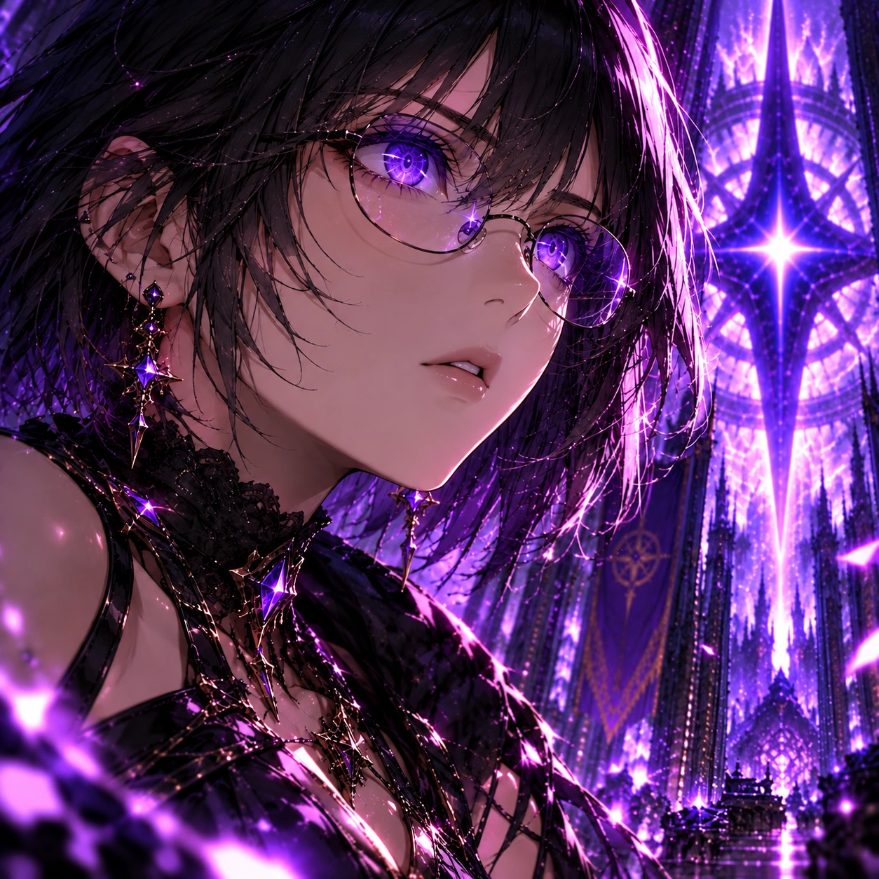 Close-up of LYRIA with violet eyes, thin glasses and dark clothing against a luminous violet background.