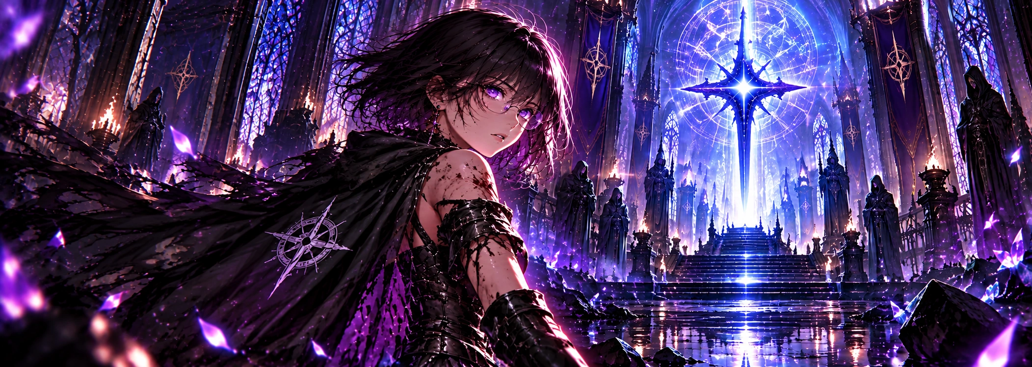 LYRIA looks back inside a violet-lit cathedral, with a luminous sword suspended above the steps behind her.
